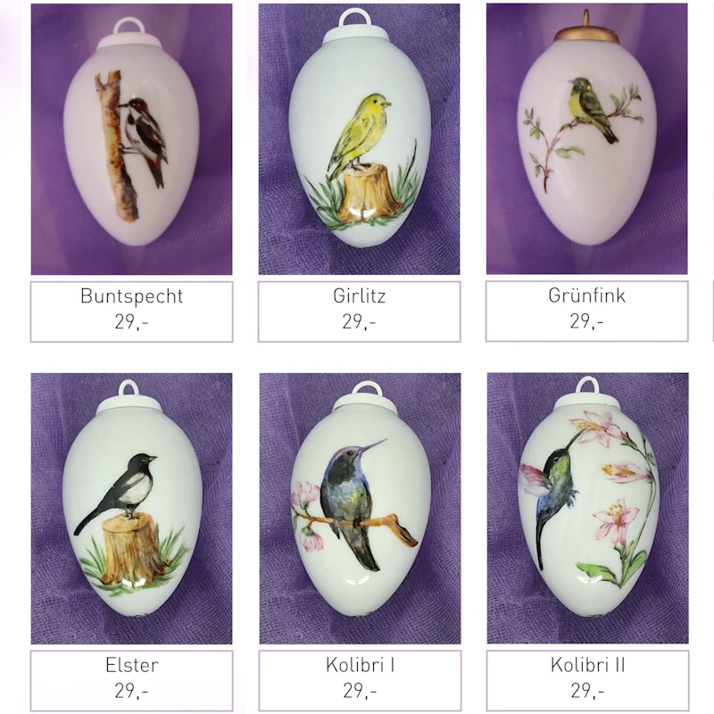 Kleine Porzellaneier zum Hängen - Vögel