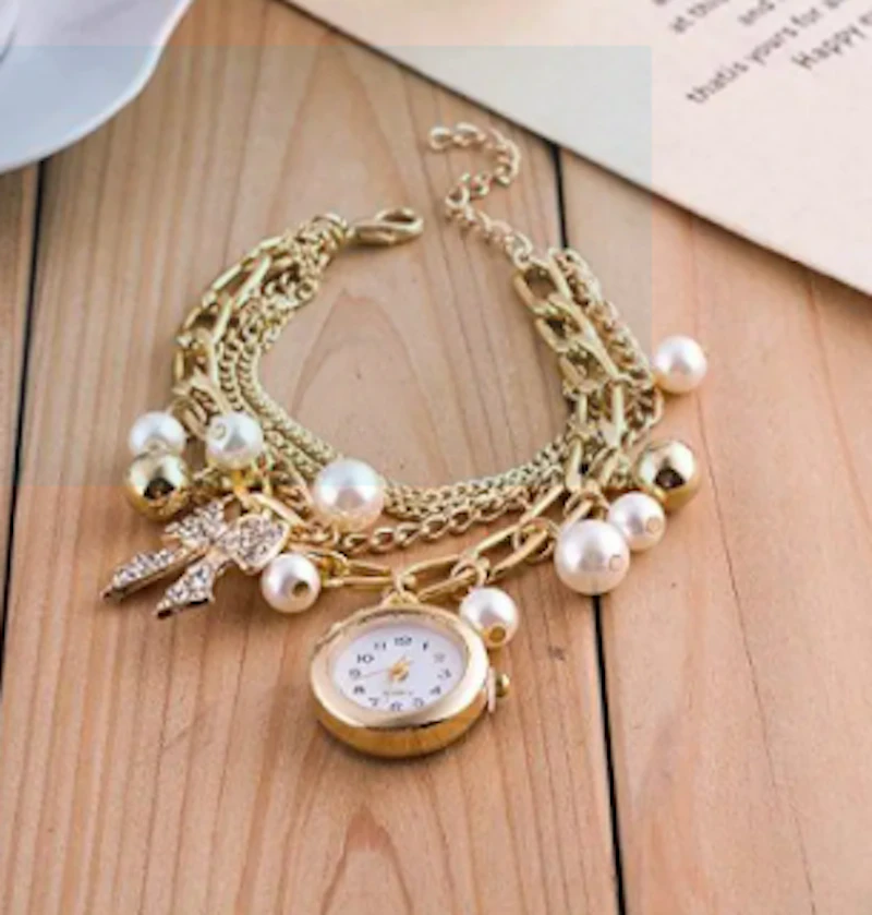 Gold Pearl Crystal Bracelet Watch For Girls and Women | Girls Bracelet Fancy Watch | Watch for Girls, Women and Ladies