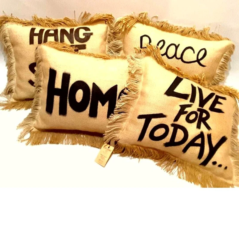 Burlap, Hand-Painted Fringed  (Burmese) Throw Pillows