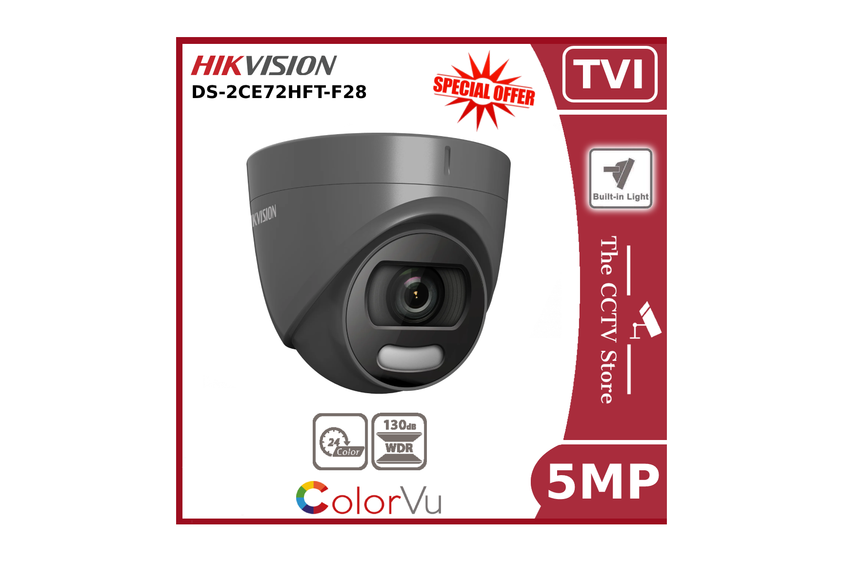 Hikvision 5MP DS-2CE72HFT-F28 TVI ColorVu Turret Camera Grey