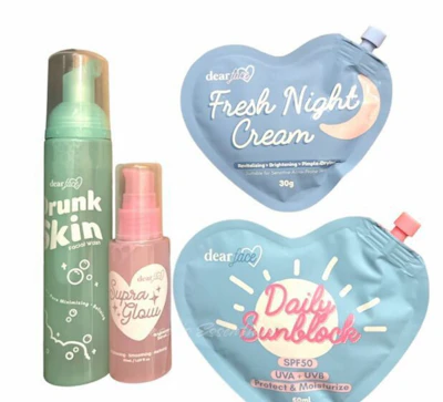 Dear Face: Drunk Skin Facial Wash/ Supra Glow Serum /Sunblock,/Night Cream