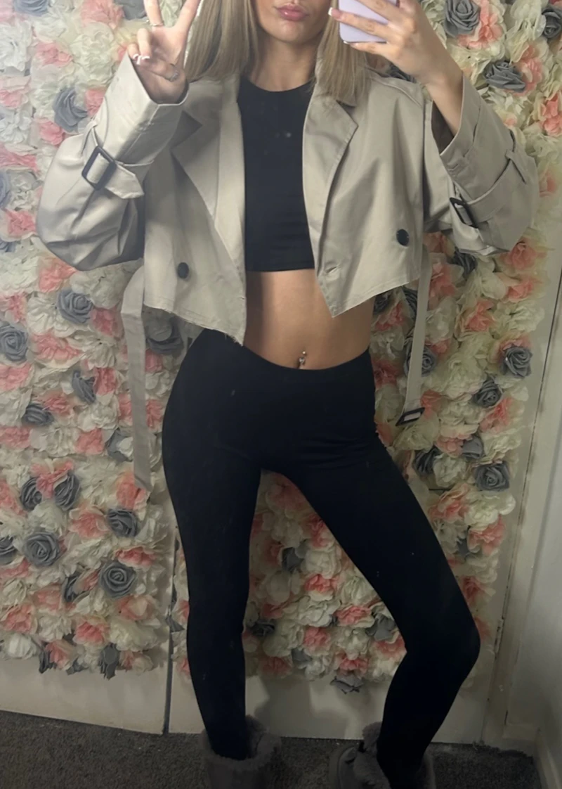 Cropped buckle belt oversized trench coat 