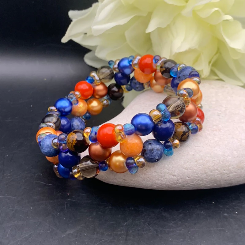 •• SÅLD •• 3-radigt armband TAGETES blå/orange