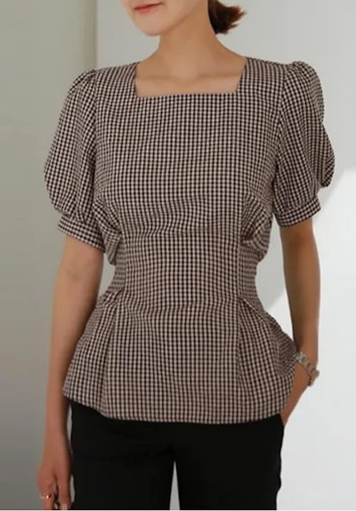 Puff Sleeve bow plaid check blouse for women
