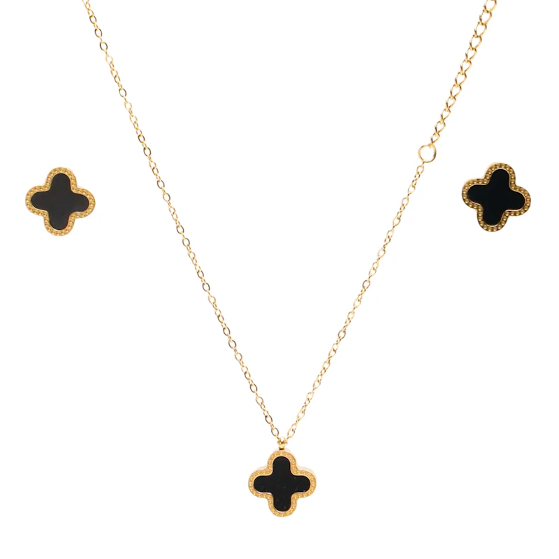 Gold-Tone Onyx Clover Necklace Set