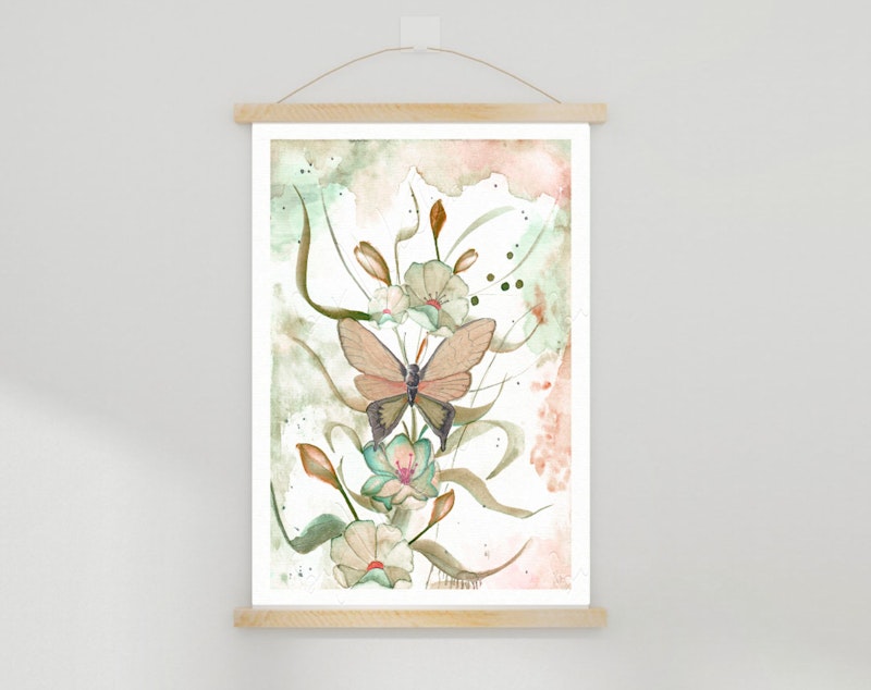 Handgemaltes Aquarell, Blumen & Schmetterling Posterprint  kaufen 