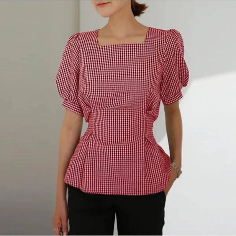 Puff Sleeve bow plaid check blouse for women