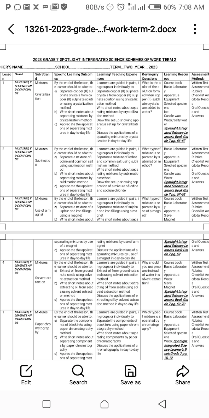 Grade 7 schemes of work 