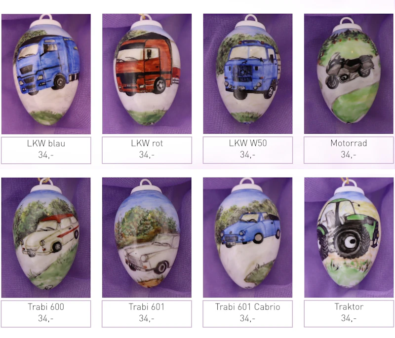 Kleine Porzellaneier zum Hängen - Fahrzeuge