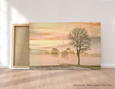 Landschaften MORGENNEBEL Bild auf Holz Leinwand Kunstdruck Wanddeko Landhausstil Shabby Chic Vintage Style