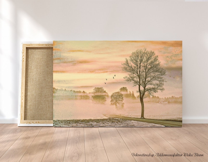 Landschaften MORGENNEBEL Bild auf Holz Leinwand Kunstdruck Wanddeko Landhausstil Shabby Chic Vintage Style