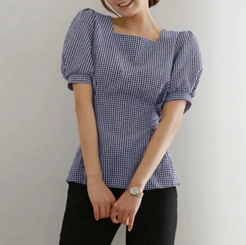 Puff Sleeve bow plaid check blouse for women