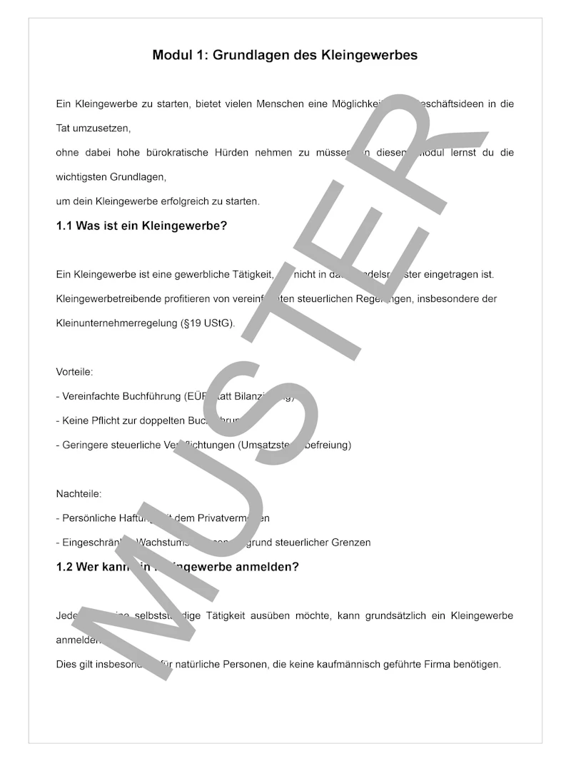 Kurs PDF: Kleingewerbe starten leicht gemacht - Schritt-für-Schritt Anleitung für Gründerinnen, im Nebenerwerb Geld verdienen
