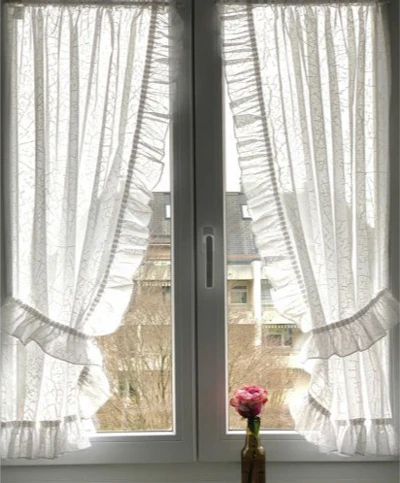 Voile vitrage 2 Pcs/Set curtain, with ruffle and abstract pattern, wide 0.95 m. x high (from 1,10m. to 1,80m.)