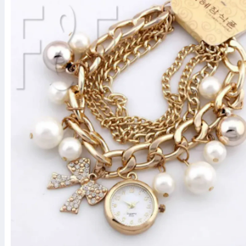 Gold Pearl Crystal Bracelet Watch For Girls and Women | Girls Bracelet Fancy Watch | Watch for Girls, Women and Ladies