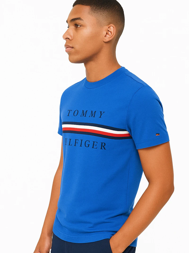 TOMMY HILFIGER - T-SHIRT BLEU  BANDE TRICOLORE 