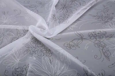 Voile curtain fabrics Fleur, with flowers print, in white/gray, length - 2,85 m., with lead tape