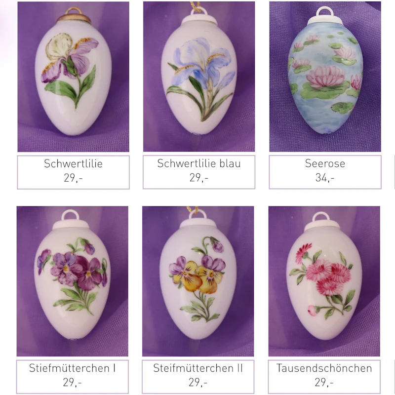 Kleine Porzellaneier zum Hängen - Blumenmotive