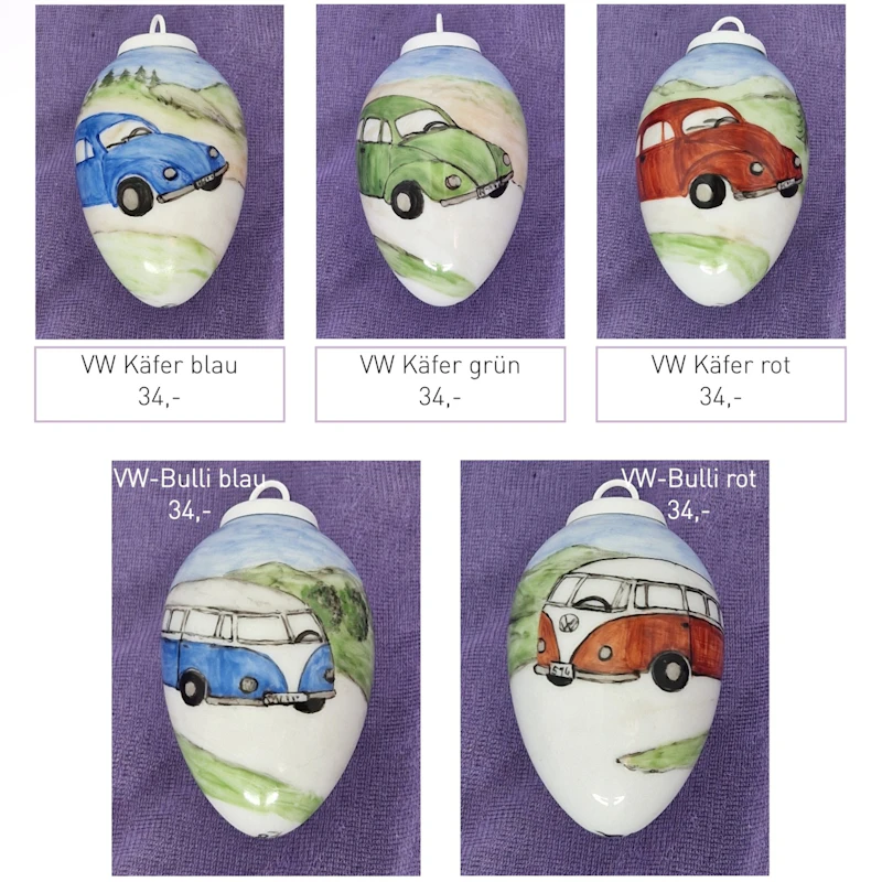 Kleine Porzellaneier zum Hängen - Fahrzeuge