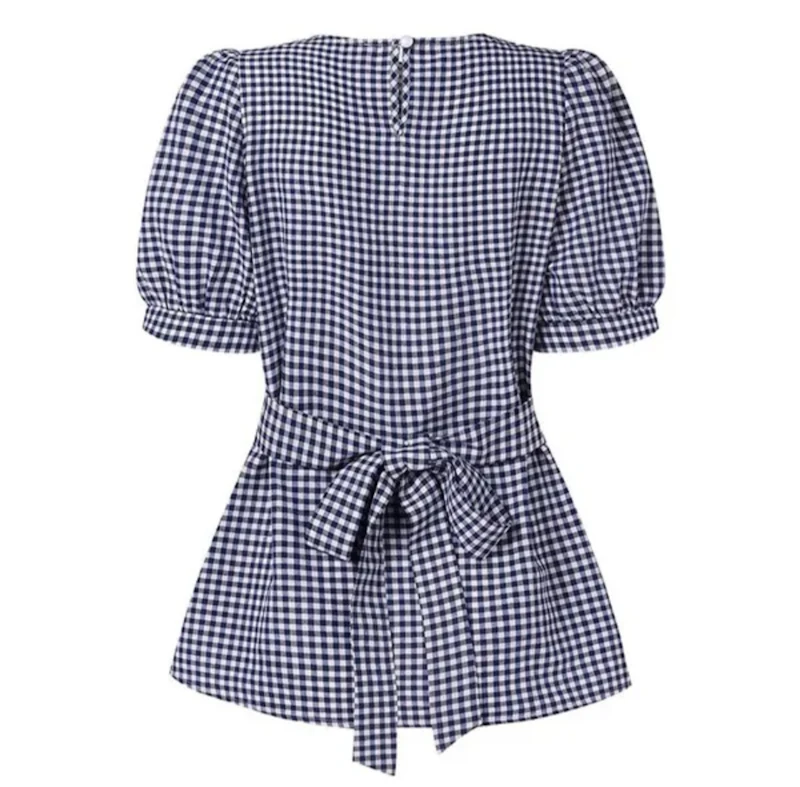 Puff Sleeve bow plaid check blouse for women