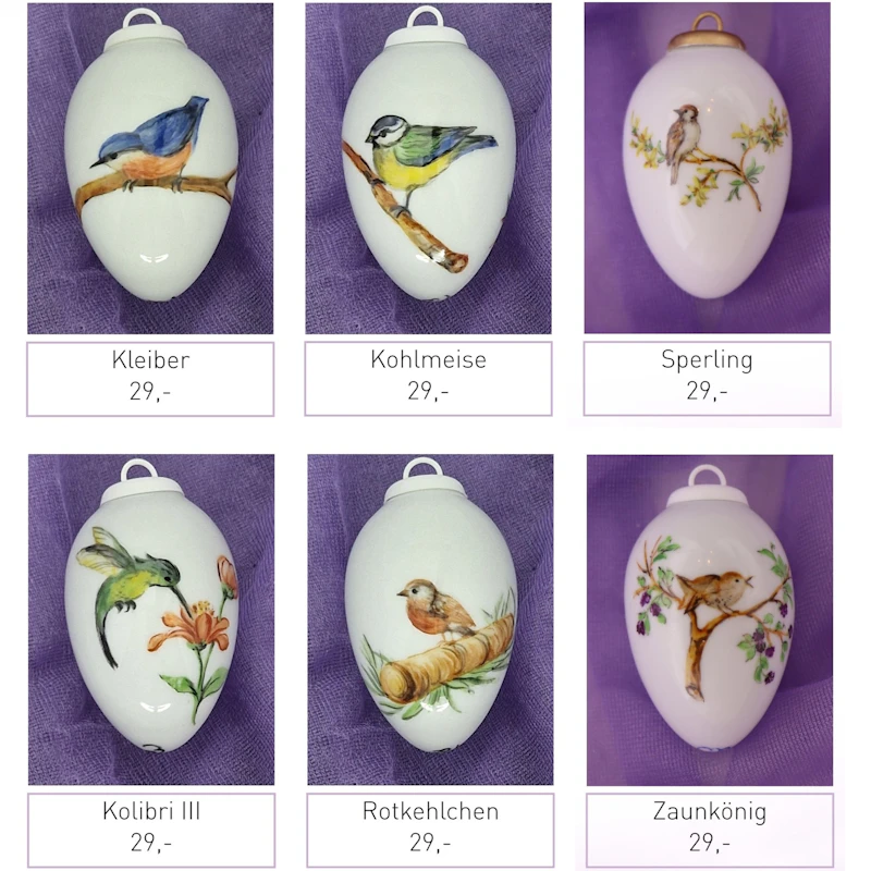 Kleine Porzellaneier zum Hängen - Vögel
