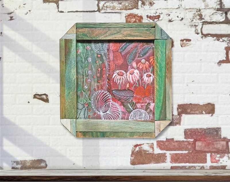 Wandbild - Blumen & Ornamente abstrakt handgemalt, Upcycling Holz Unikat