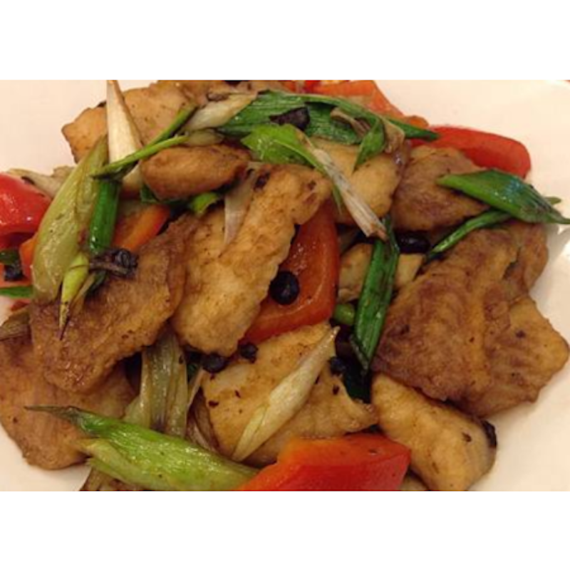 Stir-fried fish with Black Bean Sauce with rice (fatsusan)