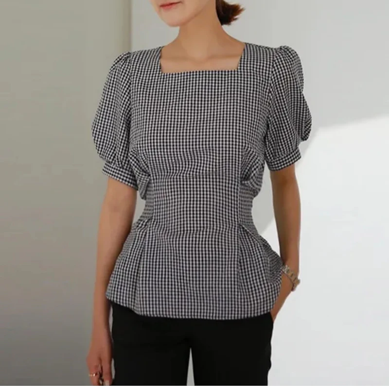 Puff Sleeve bow plaid check blouse for women
