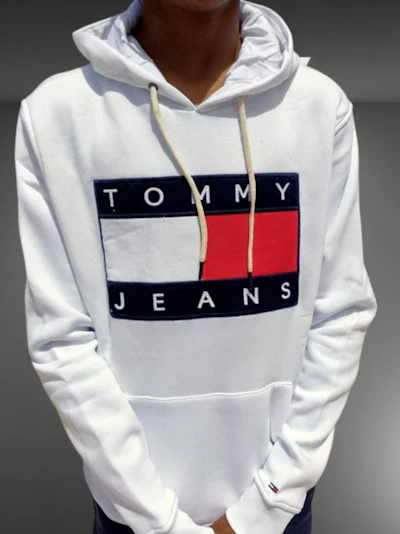 TOMMY JEANS - SWEAT À CAPUCHE BLANC LOGO DRAPEAU