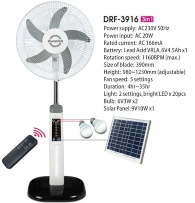 Duravolt 16 Inches -3 In 1 Rechargeable Fan +Solar Panel + 2-Bulbs