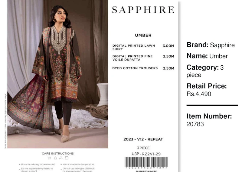 Sapphire - 3 Pc Unstitched Lawn Suit