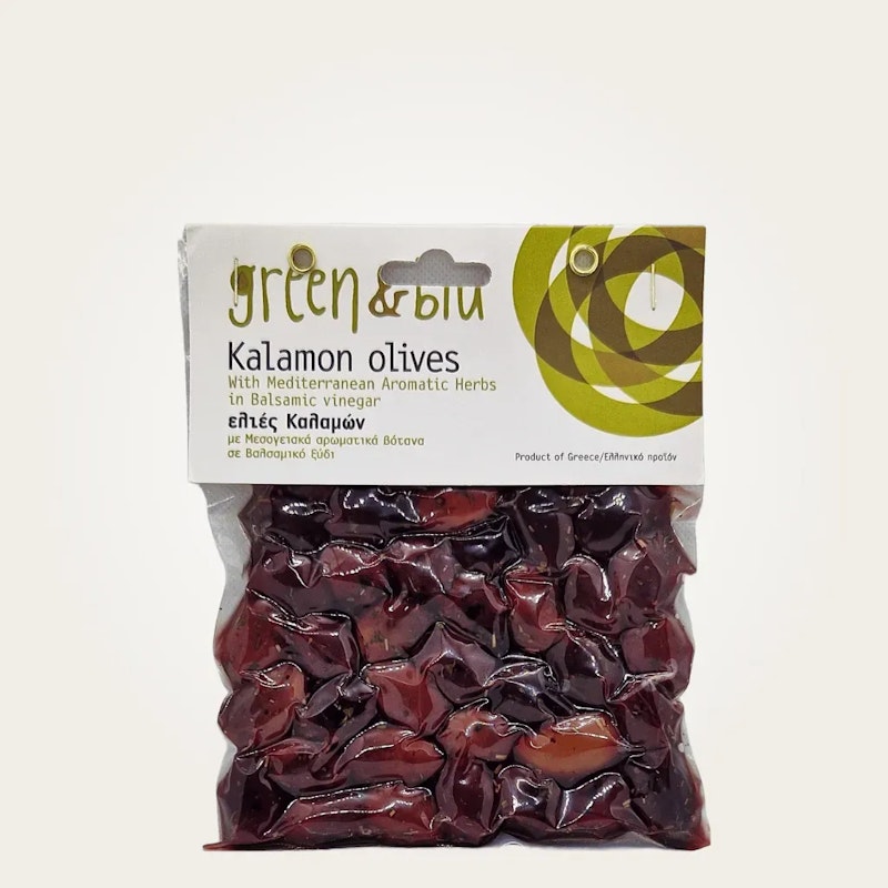 Green & Blu Kalamata Oliven mit mediterranen Kräutern in Balsamico Essig 200g