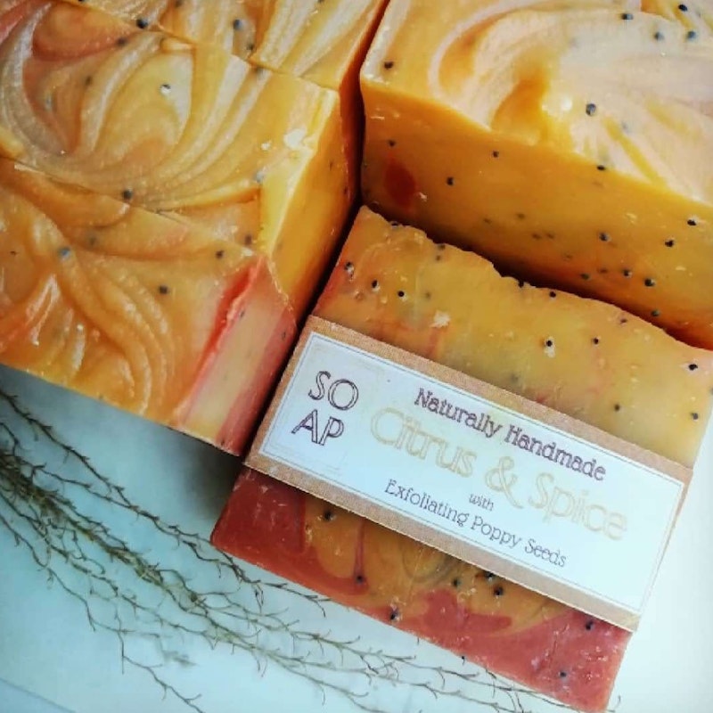 Citrus & Spice Exfoliating Soap with Uplifting Essential Oils and Poppy Seeds.