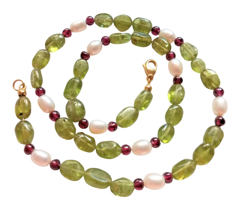 UNIKAT Edelsteinkette Peridot, Granat und Perlen