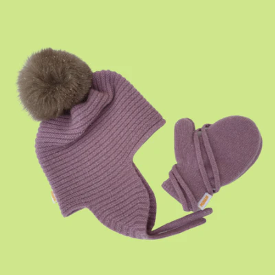 Babymütze mit Bommel/Handschuhe aus Kaschmir im Set