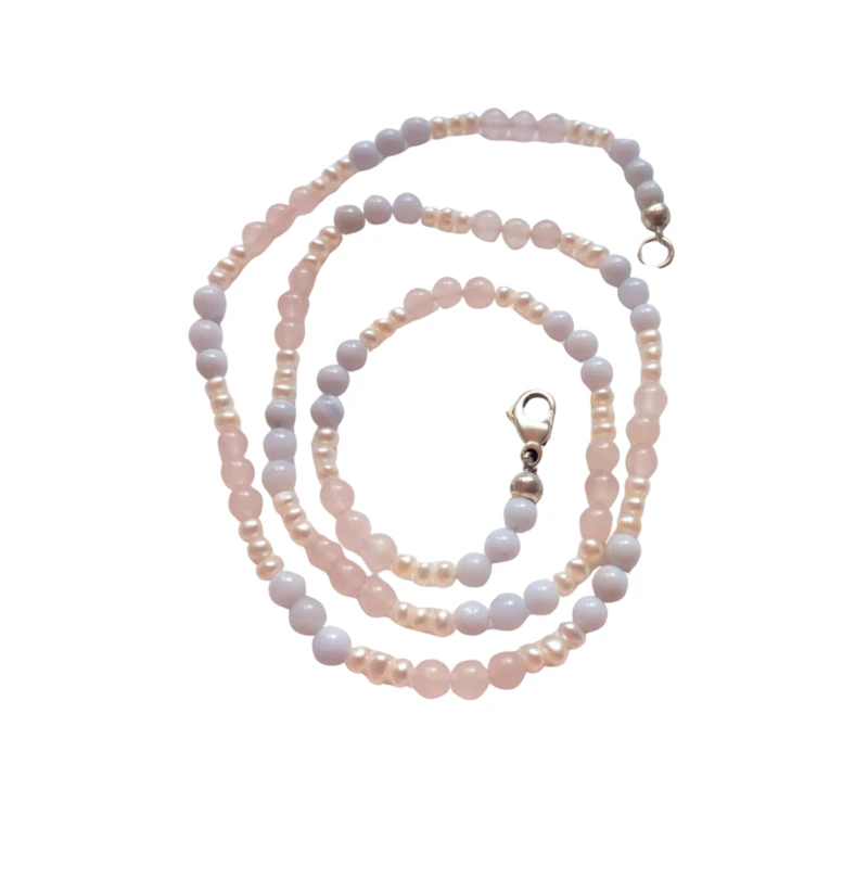 UNIKAT Edelsteinkette Rosenquarz- Chalcedon mit Perlen