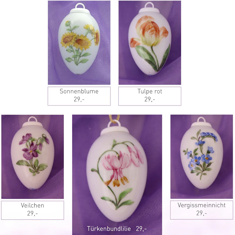 Kleine Porzellaneier zum Hängen - Blumenmotive