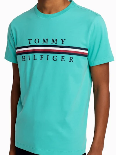 TOMMY HILFIGER - T-SHIRT VERT BANDE TRICOLORE 
