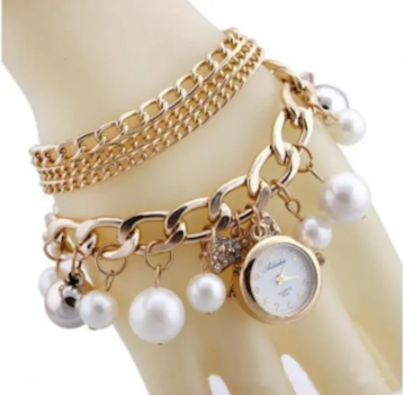 Gold Pearl Crystal Bracelet Watch For Girls and Women | Girls Bracelet Fancy Watch | Watch for Girls, Women and Ladies