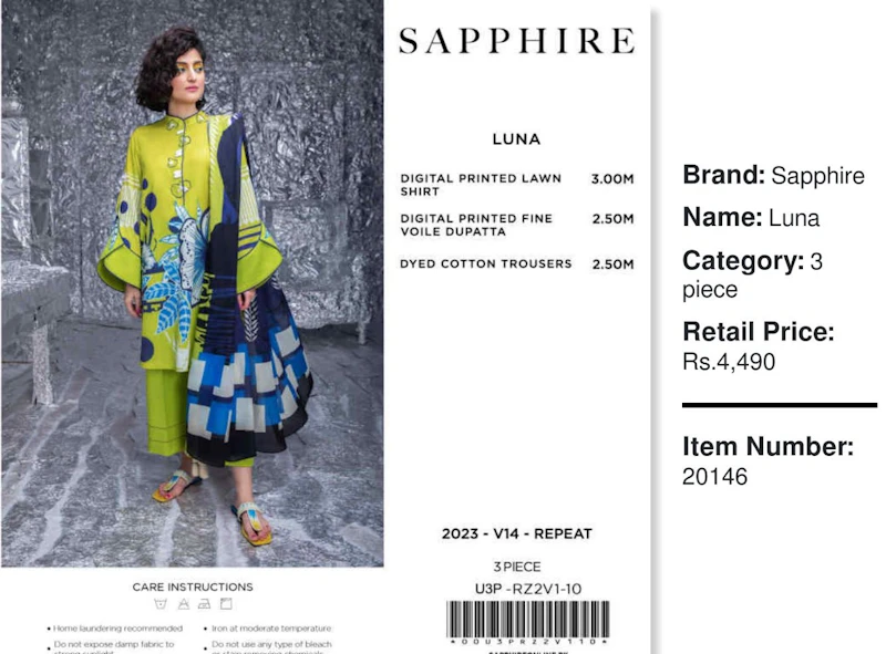 Sapphire - 3 Pc Unstitched Lawn Suit
