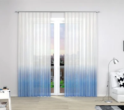 Voile curtain fabrics Elvin, with gradient/quares print, in white-blue, length - 3,00 m., with lead tape