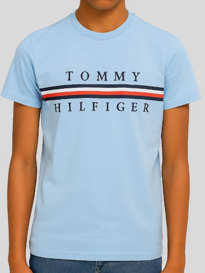 TOMMY HILFIGER - T-SHIRT BLEU CIEL BANDE TRICOLORE