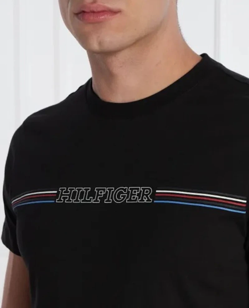 TOMMY HILFIGER - T-SHIRT NOIR LOGO 3 BANDES HORIZONTALES