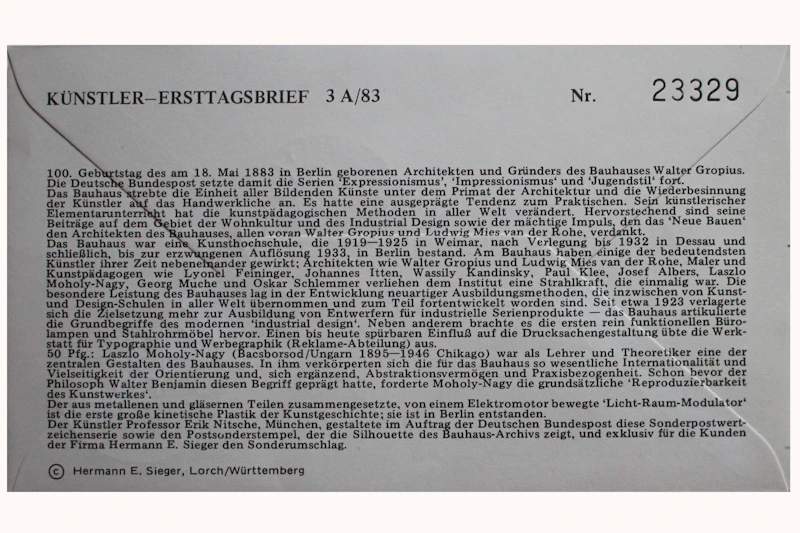 Robbert´s Briefmarken FDC Bund Bauhaus: 100. Geburtstag v. Walter Gropius