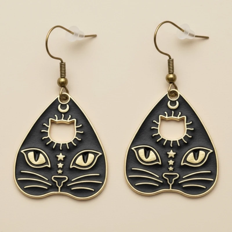 Edelstahl Ohrringe „Mystic Cat“ – Goldene Katzen-Ohrringe mit Sonne & Sternen | Allergiefrei & farbecht