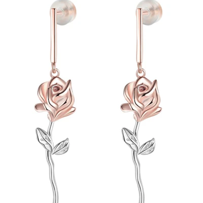 Rhodium Plated Rose Flower Earrings