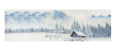 Table runner - winter landscape, 47x150 cm., in white-blue, 100% cotton.