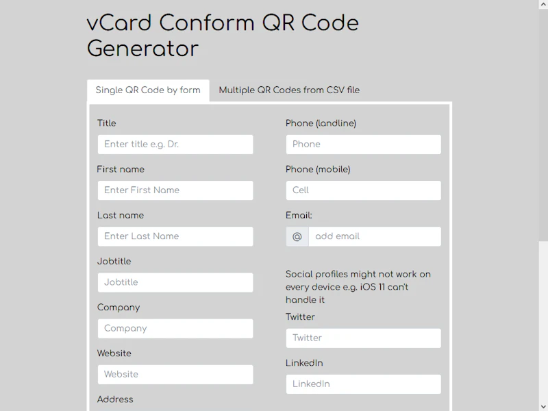 vCard Conform QR Code Generator 