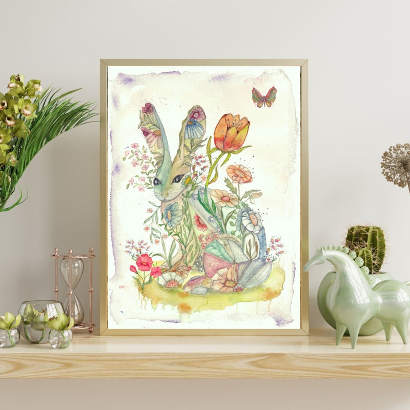 Handgemaltes Aquarell, Hase mit Blütenmotiv Posterprint  kaufen