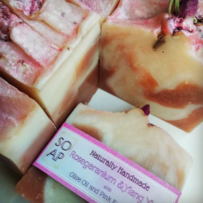 Rose Geranium & Ylang Ylang Soap, Olive Oil and Shea butter. 